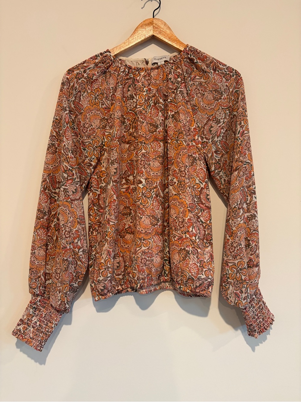 Evereve Evette Small S Paisley Floral Long Smocked Sleeve Chiffon Blouse Top